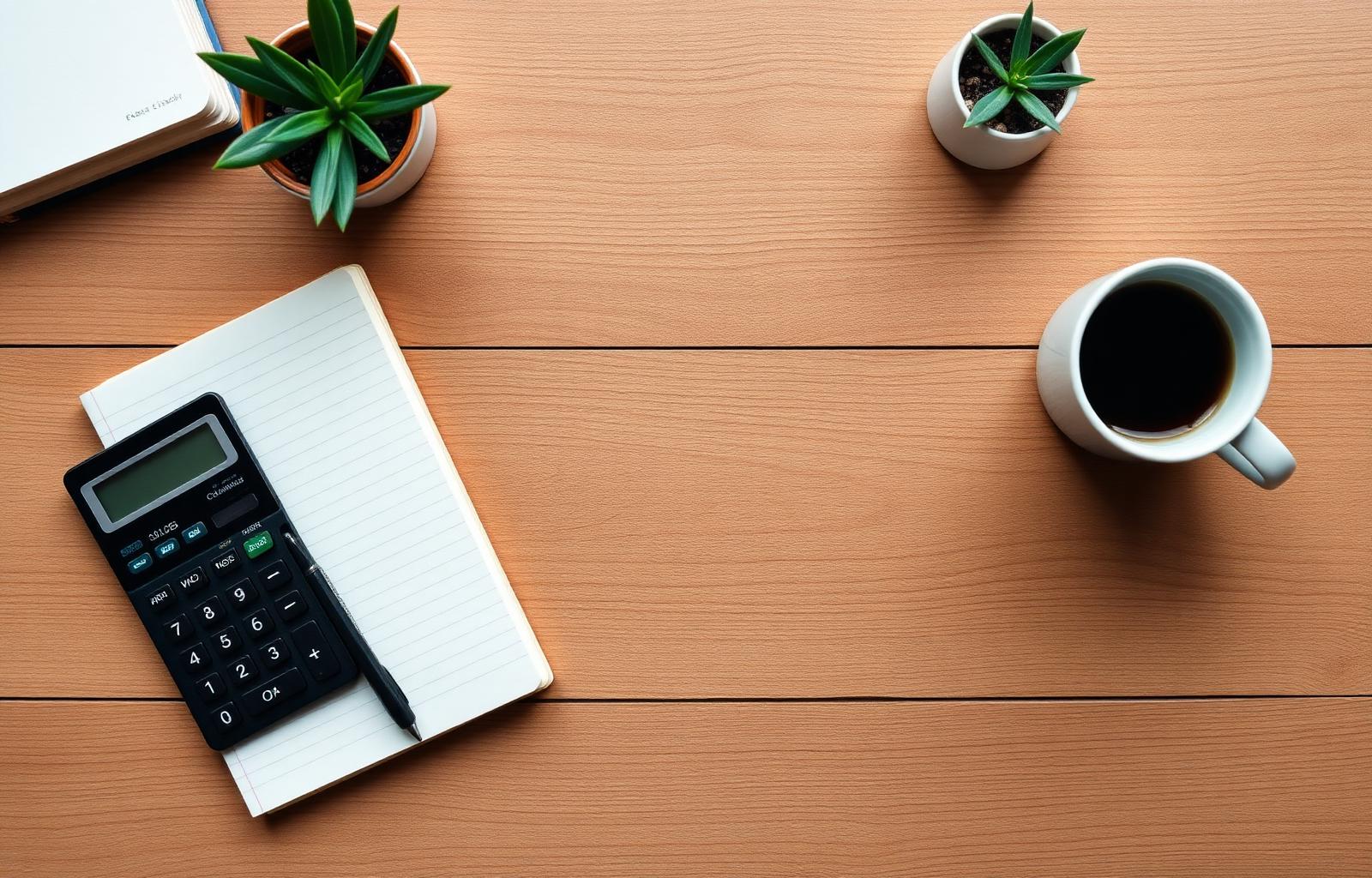 Mesa de planejamento financeiro com calculadora e caderno